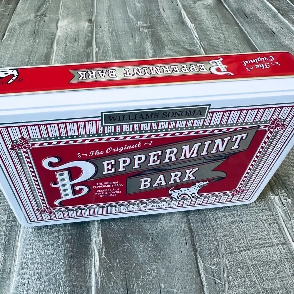 Williams Sonoma Peppermint Bark Holiday Dog Tin Storage Container